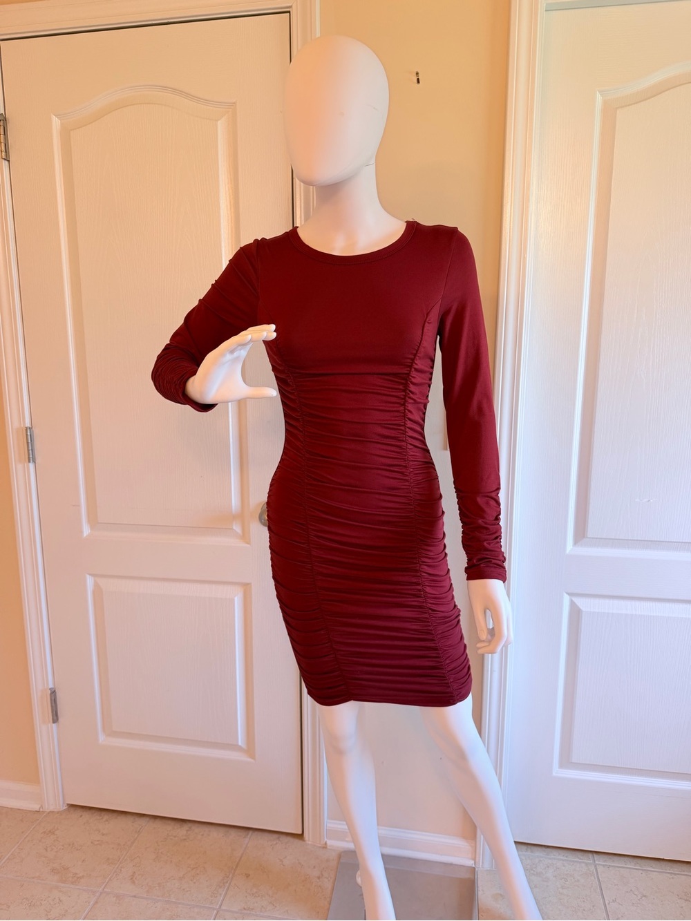 New Fashion Nova Maroon/Burgundy Stella Ruched Long Sleeve Bodycon Mini Dress S